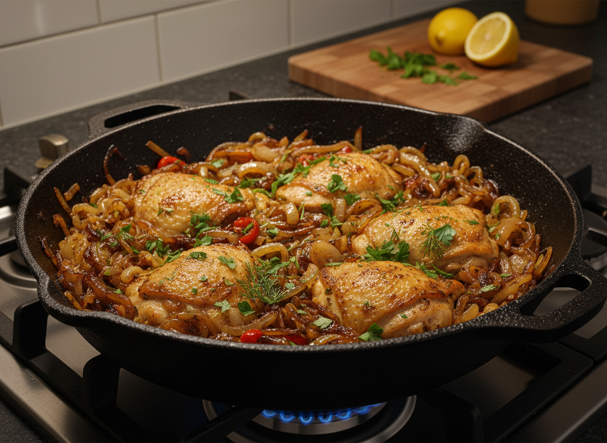 A heavy, well-seasoned cast-iron skillet sizzling on a gas stovetop, filled edge to edge with caramelized vegetables, seared chicken thighs, and bright green herbs scattered generously on top. Tiny droplets of oil catch the light around the skillet’s rim. The stove sits in a clean, modern home kitchen with dark stone countertops and a single wooden cutting board in the background, dusted with herb stems and lemon halves. Overhead, warm, focused task lighting illuminates the skillet, casting dramatic shadows on the textured pan and glossy ingredients. Photographic realism with a slightly elevated three-quarter angle and tight framing emphasizes the action and texture, creating a bold, energetic, resourceful cooking mood, as if a complete, comforting meal is coming together in one pan with zero effort from the viewer.
