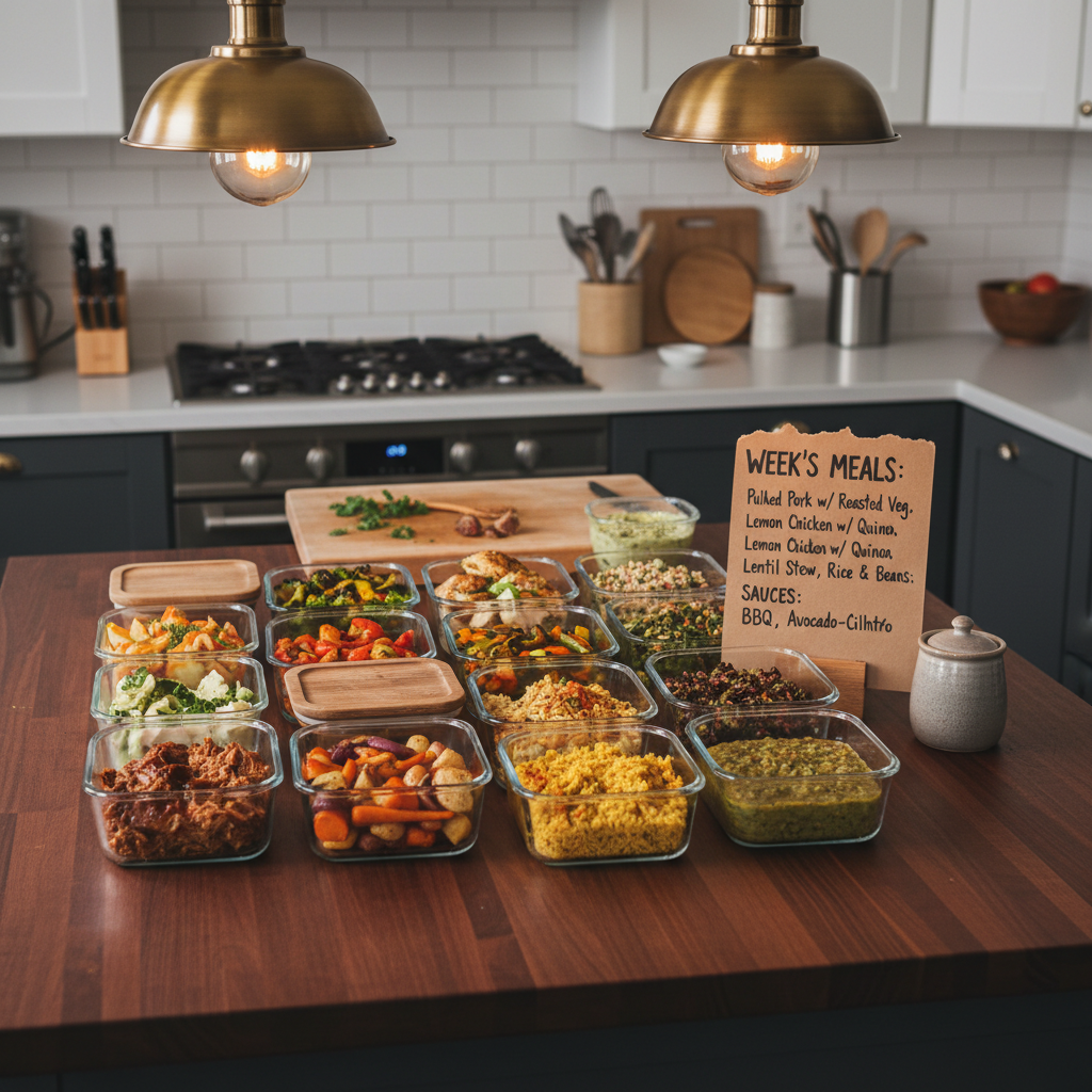 A sturdy, dark wood kitchen island set up as a weekly meal prep command center: rows of clear glass containers filled with complete meals—slow-braised meats, roasted seasonal vegetables, vibrant sauces, and hearty grains—are arranged in an intentional grid. A handwritten kraft-paper menu card leans against a ceramic salt cellar, listing dishes in bold, simple lettering. The surrounding kitchen is clean and modern with matte subway tile, but slightly blurred to keep focus on the food. Overhead, warm pendant lights create bright pools of light on the glossy container lids and rich textures of the meals. Photographic realism, captured from a slightly elevated, wide-angle perspective, with sharp focus on the front containers and gentle falloff toward the back, conveying organization, abundance, and the relief of having the week’s food truly handled.