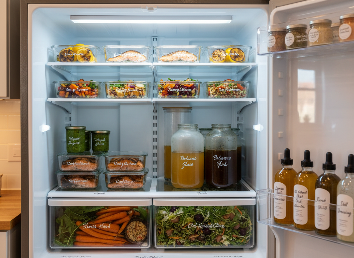 A tidy, inviting open refrigerator in a home kitchen, shelves lined with neatly labeled glass containers of colorful prepared meals: roasted salmon with charred lemon, hearty grain salads with roasted roots, vibrant green sauces in small jars, and stocks in clear quart containers. The door compartments hold homemade dressings and infused oils, all clearly visible. The stainless steel exterior of the fridge reflects a hint of the surrounding kitchen without showing people. Soft, cool interior LED lighting spills out, contrasting with the warmer ambient light of the kitchen. Photographic realism, shot straight on at eye level with sharp focus throughout, creating a sense of calm control, deep resourcefulness, and effortless nourishment ready to be pulled and plated for the week.