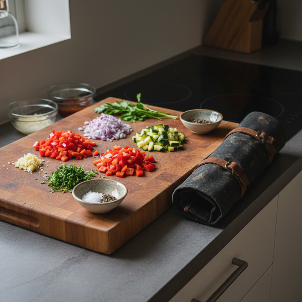 A compact kitchen counter staged for an in-home personal chef service: a large wooden cutting board in the center with neatly arranged piles of prepped ingredients—minced garlic, chopped herbs, jewel-toned diced vegetables, and small bowls of sea salt and cracked pepper. Beside it sits a closed, well-worn chef’s knife roll of dark canvas and leather, hinting at decades of use. The countertop is a cool, matte stone, with a sleek induction cooktop just visible in the background. Soft afternoon light streams in from an unseen window, catching the edges of glass prep bowls and creating gentle reflections. Photographic realism, shot from a slightly elevated angle with a moderate depth of field, emphasizing both the tools and ingredients. The mood is confident, organized, and bold, suggesting deep kitchen instinct arriving quietly in a client’s home.