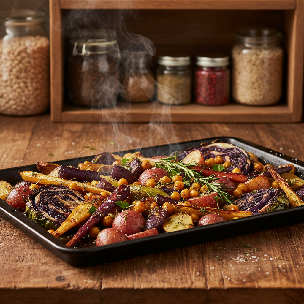 A heavy-duty sheet pan just pulled from the oven, resting on a weathered wooden counter, piled with deeply roasted root vegetables, crisp-edged chickpeas, and wedges of cabbage with charred outer leaves. Wisps of steam rise in the cool air. The vegetables glisten slightly with olive oil, flecks of coarse salt and fresh herbs clinging to their rough, caramelized surfaces. In the blurred background, glass jars of pantry staples—beans, grains, spices—line a simple open shelf, evoking resourcefulness and from-scratch cooking. Warm, directional light from the side mimics late-afternoon sun, casting strong shadows and emphasizing texture. Photographic realism, shot close-up with a shallow depth of field, creates a bold, earthy, no-nonsense atmosphere that showcases real ingredients and real cooking, perfect for a personal chef who turns simple staples into feasts.